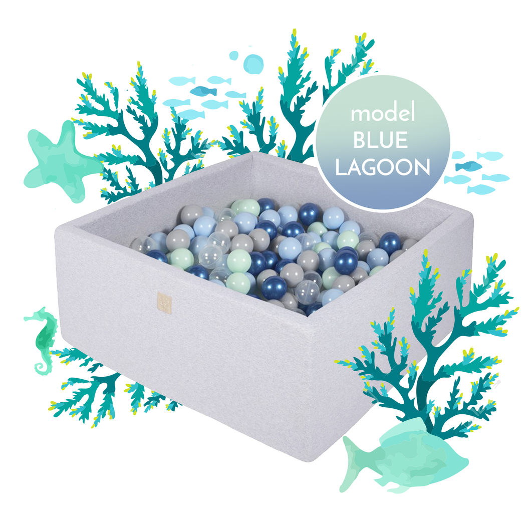 Kamuoliukų baseinas kvadratinis BLUE LAGOON, 40 cm, pilka, 300 vnt. kamuoliukų: mėtinė, šv. mėlyna, pilka, t. mėlyna, skaidri
